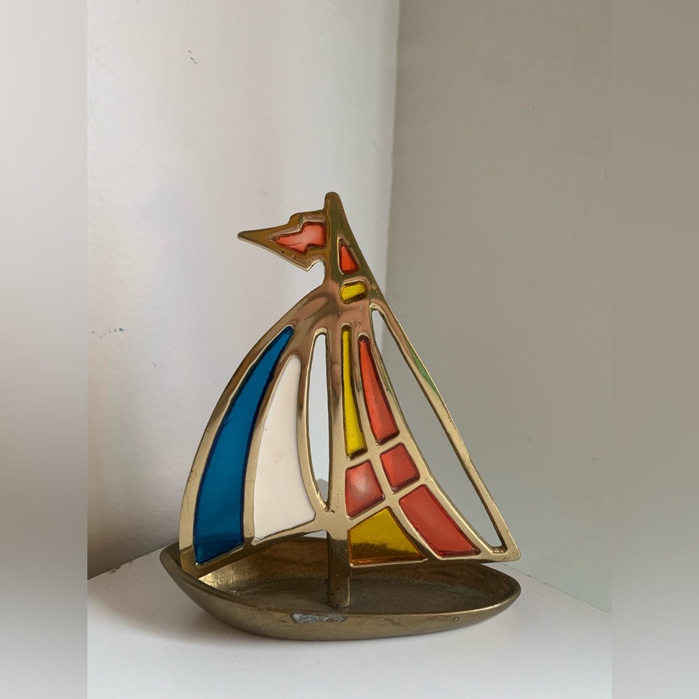 Vintage Brass Stained Glass Sailboat Figure Midcentury Modern Decor